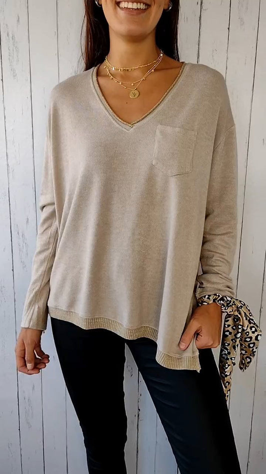 Knitted V-neck Long-sleeved Casual Top apricot