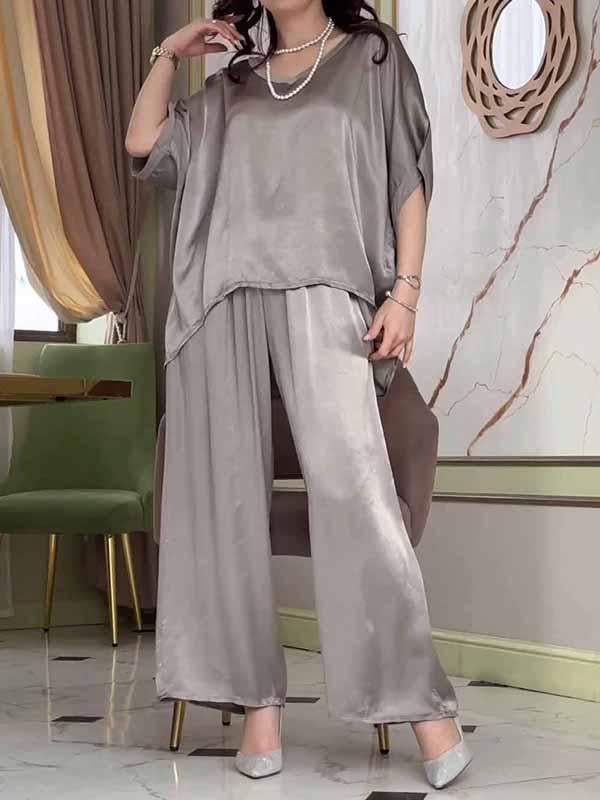 Women's Round Neck Solid Color Satin Suit