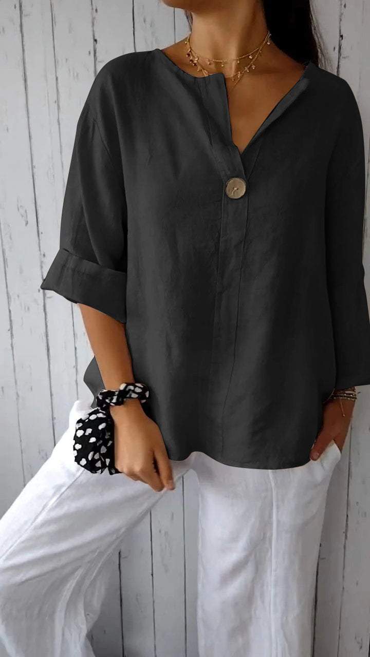 V-neck Mid-sleeve Cotton and Linen Top black