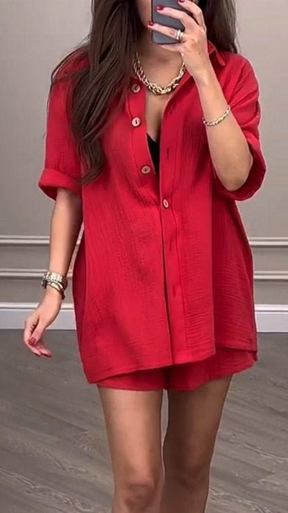 Lapel Short-sleeved Top + Wide-leg Shorts Two-piece Suit red