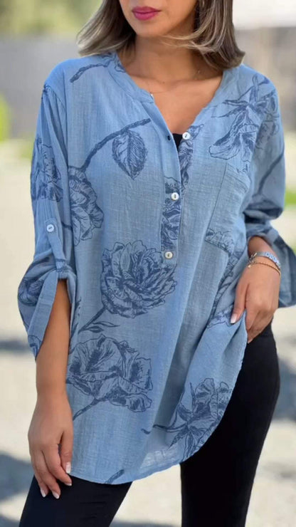 Cotton and Linen Printed V-neck Top Blue