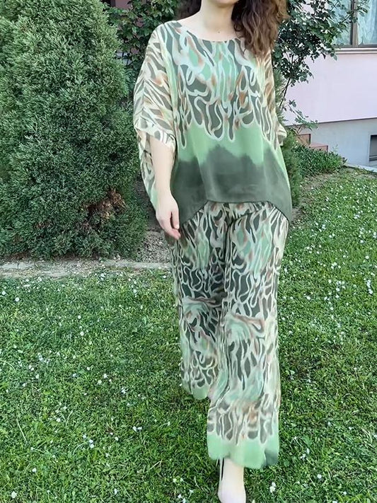 Casual Round Neck Printed Loose Suit green