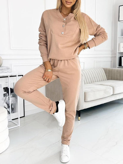 Women's Fashion Button Front Sweatshirt and Lined Pants Set Khaki