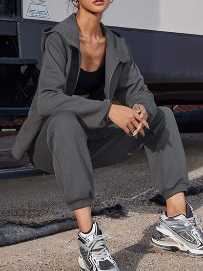 Women's solid color hooded long-sleeved ankle set sports two-piece set Drak grey