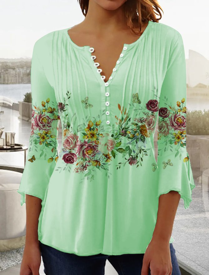 Women's Ethnic Casual V-neck A-Line Tops Green