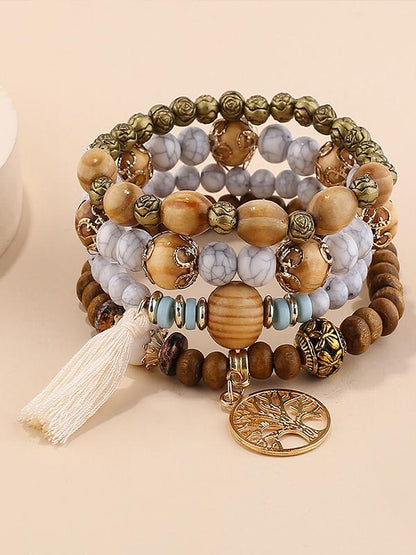 Boho Style Multi-layered Wooden Beaded Bracelet Cream One Size