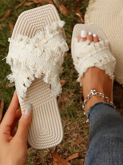 Beach Sandals Tassel Open Toe Sandals Beige