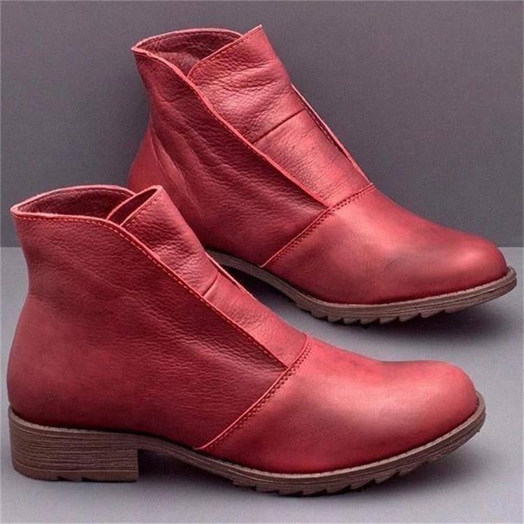 Round Toe Casual Women's Leather Boots Sleeve Martin Boots Red