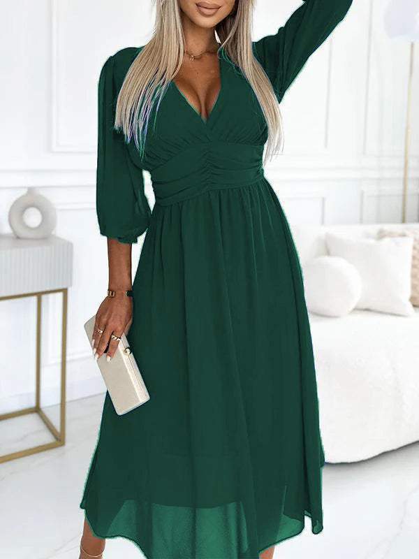 V-neck Mid-sleeve Dress green