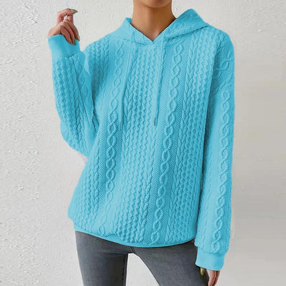 Cable Textured Drop Shoulder Drawstring Hoodie light blue