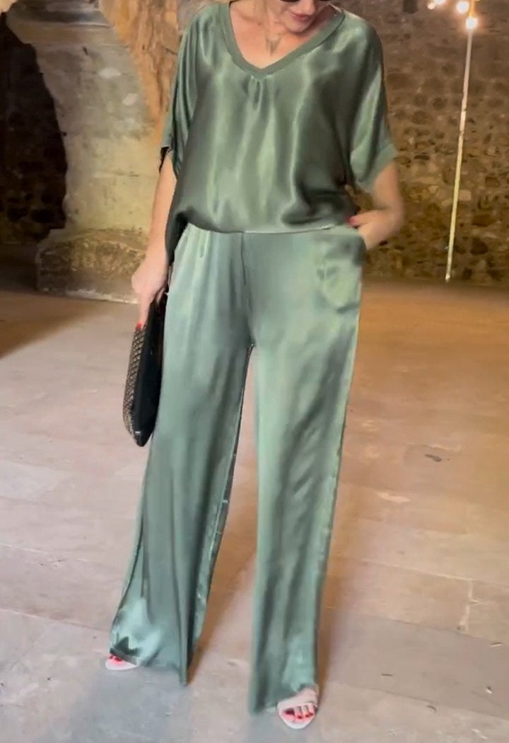 V-neck Satin Two-piece Suit light green