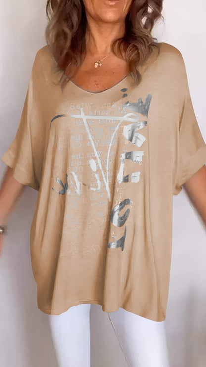 Women's V-neck Printed Mid-sleeve Casual Top