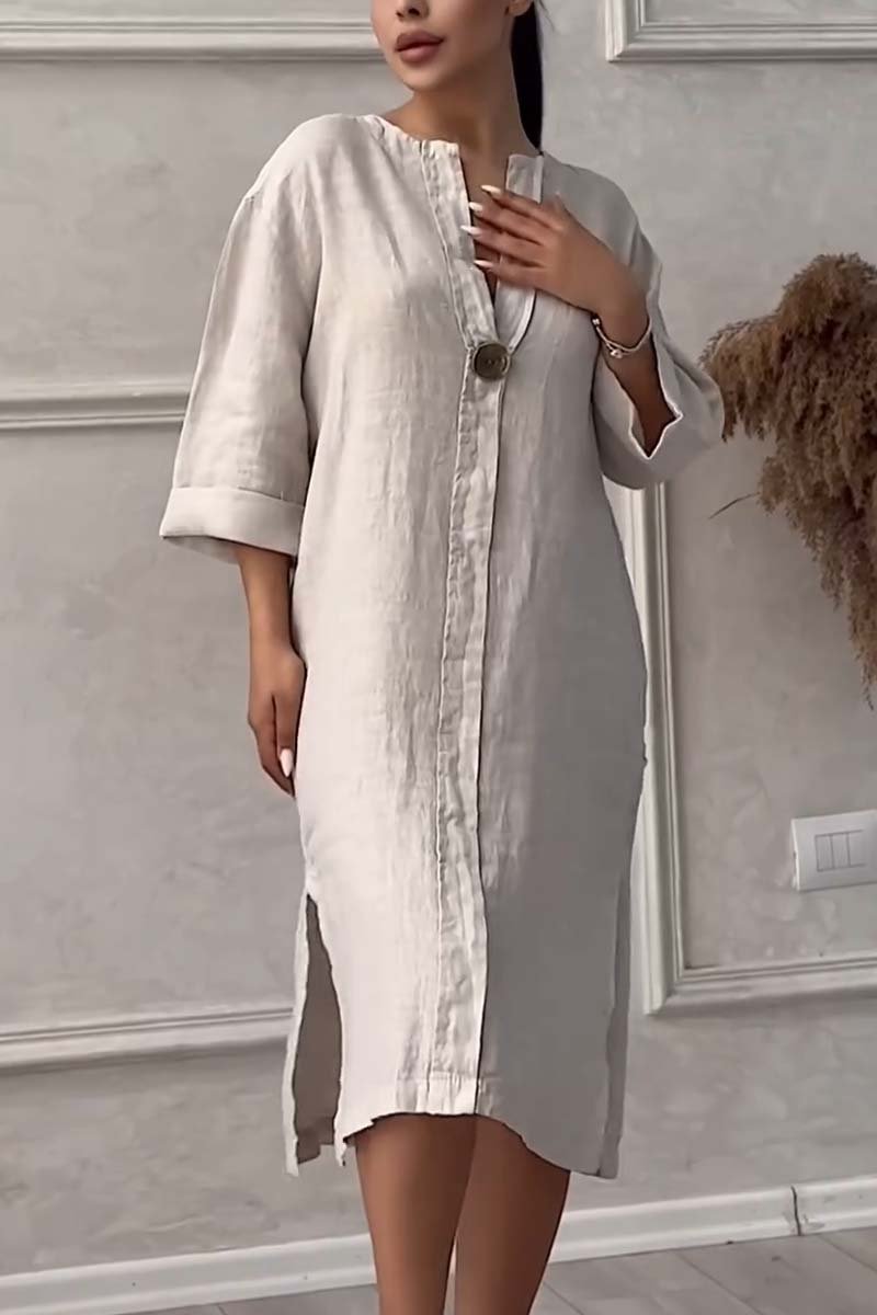 Casual buttoned cotton and linen dress Apricot