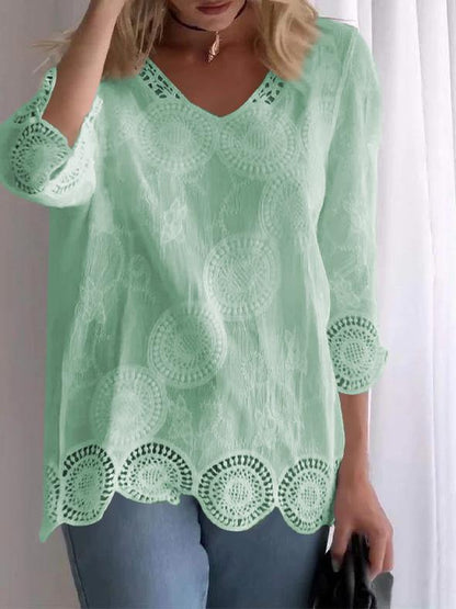 Casual V-neck Lace Hollow Top green