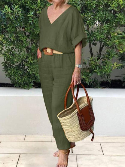 Women's V-neck Casual Cotton and Linen Top and Pants Suit Army Green