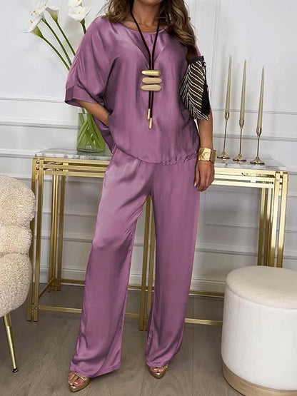 Casual Crew Neck Satin Suit purple