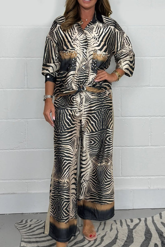 Women's Zebra Print Beaded Satin Shirt & Trouser Co-Ord