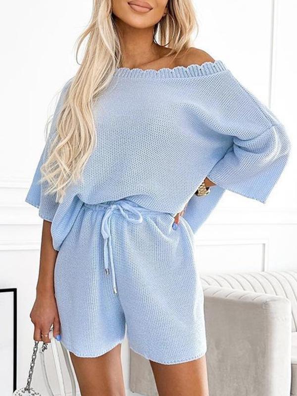 Casual Round Neck Lace Trim Suit Blue