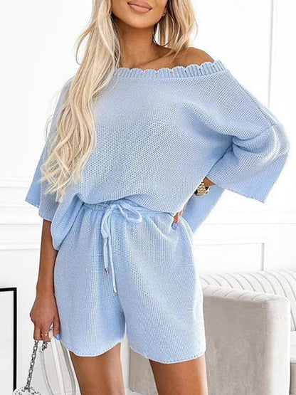 Casual Round Neck Lace Trim Suit Blue