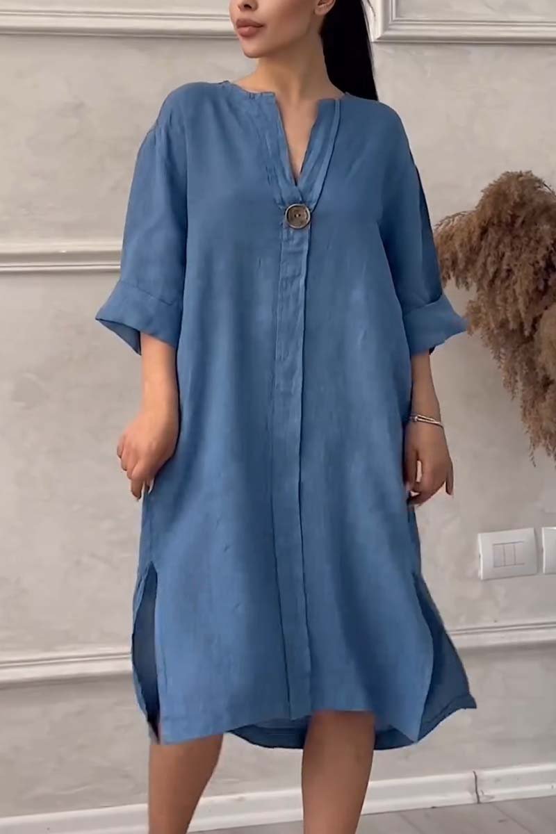 Casual buttoned cotton and linen dress Dark Blue