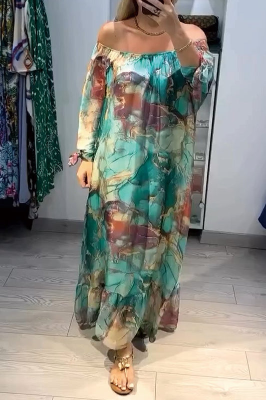 Printed chiffon pleated dress Lake green