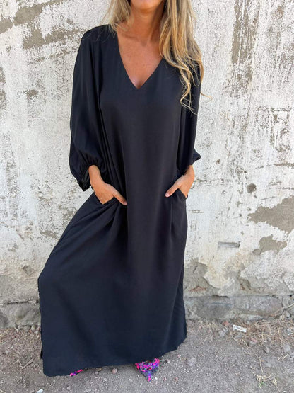 V-neck Long Dress black