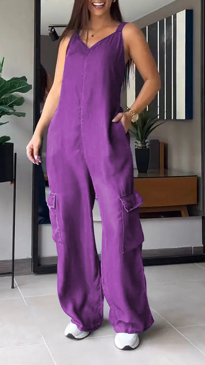 Thin Denim Cargo Pocket V-neck Jumpsuit purple