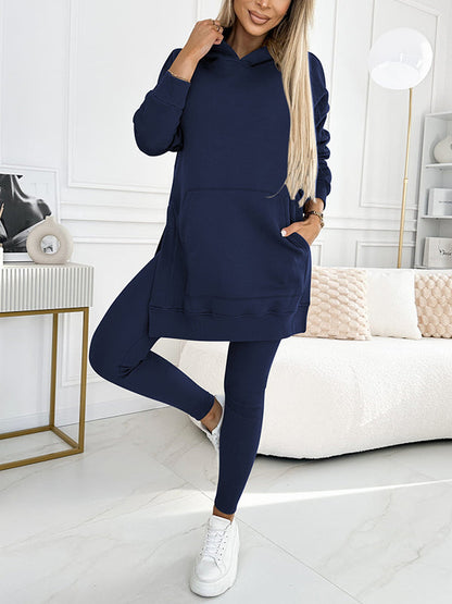 (S-5XL) Plus Size Women's Fashion Solid Color Hoodie and Lined Leggings two-piece set TOP+PANTS