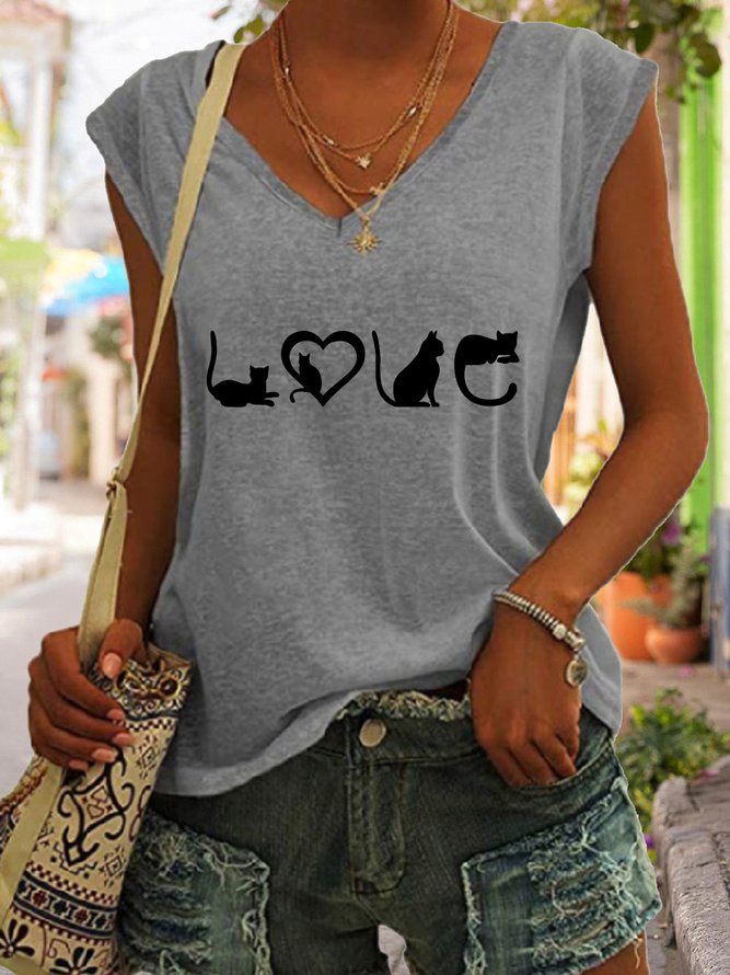 Casual Funny LOVE Cat Print V-Neck Tank Top Grey