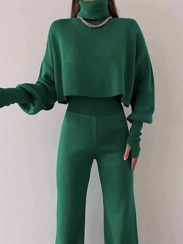 Casual Hoodie with High Neck, Loose Long-sleeved Trousers and Two-piece Set Green