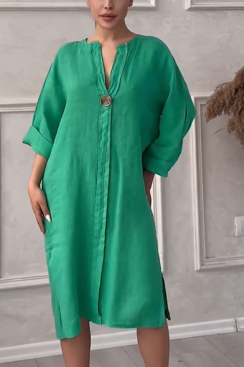 Casual buttoned cotton and linen dress Green