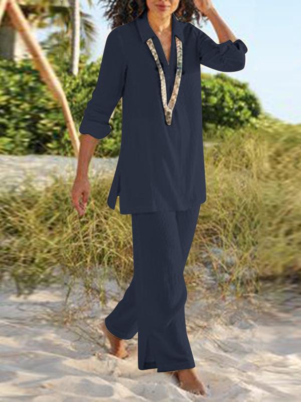 Plus-size Women's Solid Color Cotton Hemp Casual Long-sleeved Loose Suit Navy blue