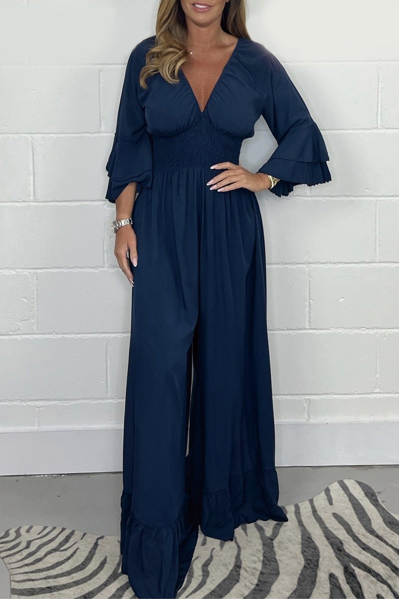 Solid color V-neck jumpsuit Navy blue