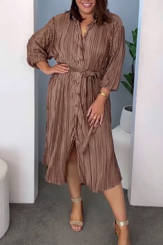 Pleated solid shirt dress Brown