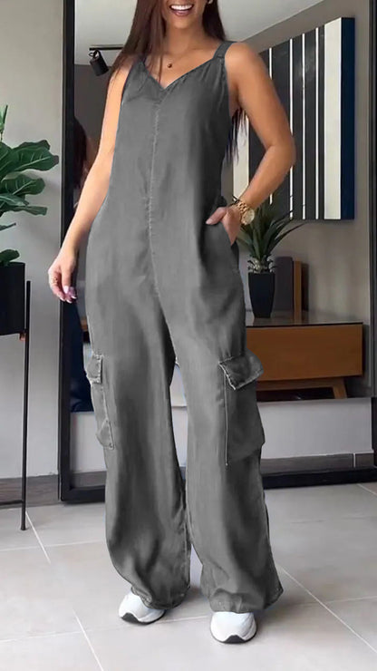 Thin Denim Cargo Pocket V-neck Jumpsuit gray