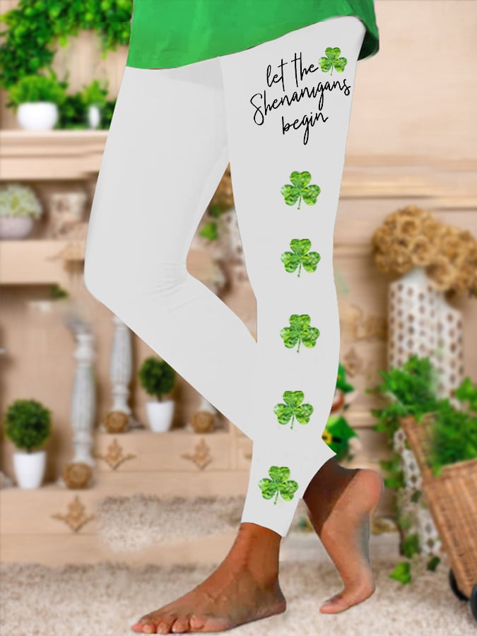 Shamrock Print Stretch Leggings White