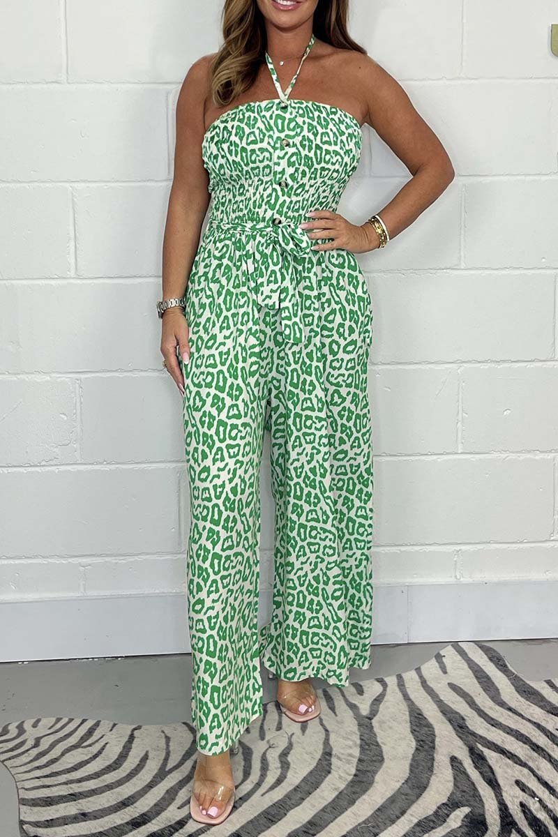 Button leopard print jumpsuit Green