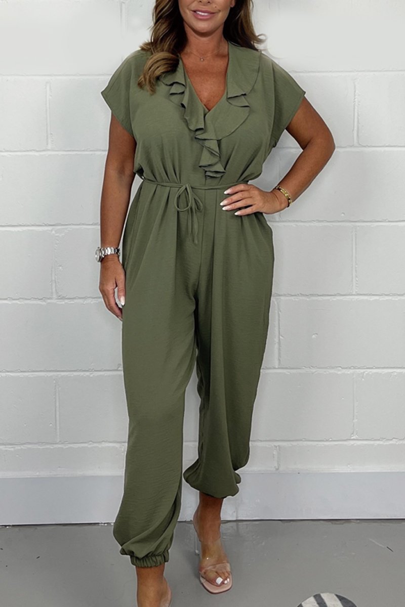 Casual V-neck jumpsuit Amry green