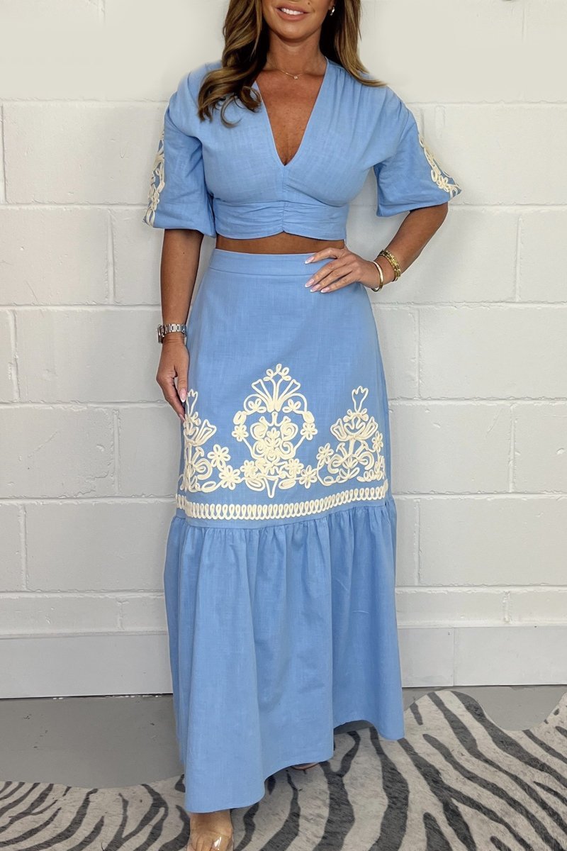 Embroidered Top & Maxi Skirt Suit Blue