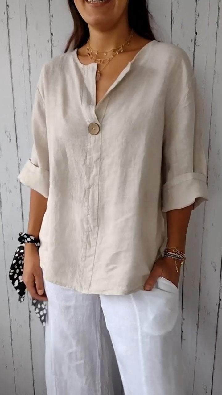 V-neck Mid-sleeve Cotton and Linen Top apricot