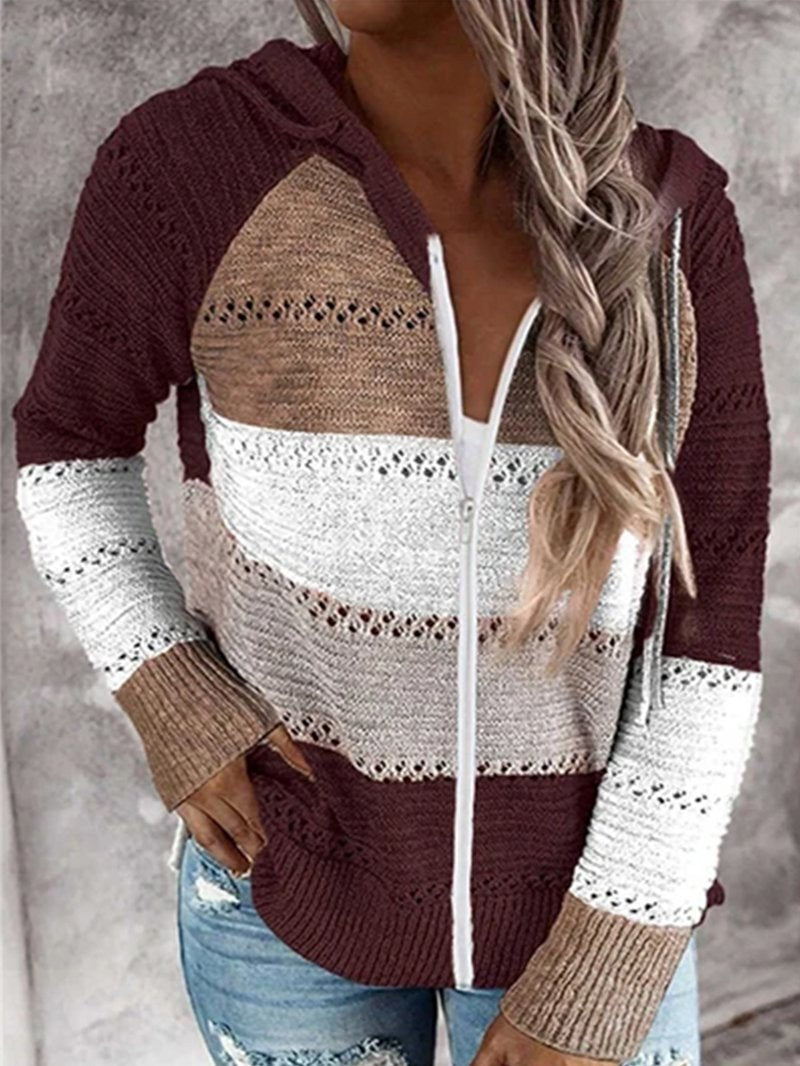 Long Sleeve Hooded Striped Zip Sweater brown