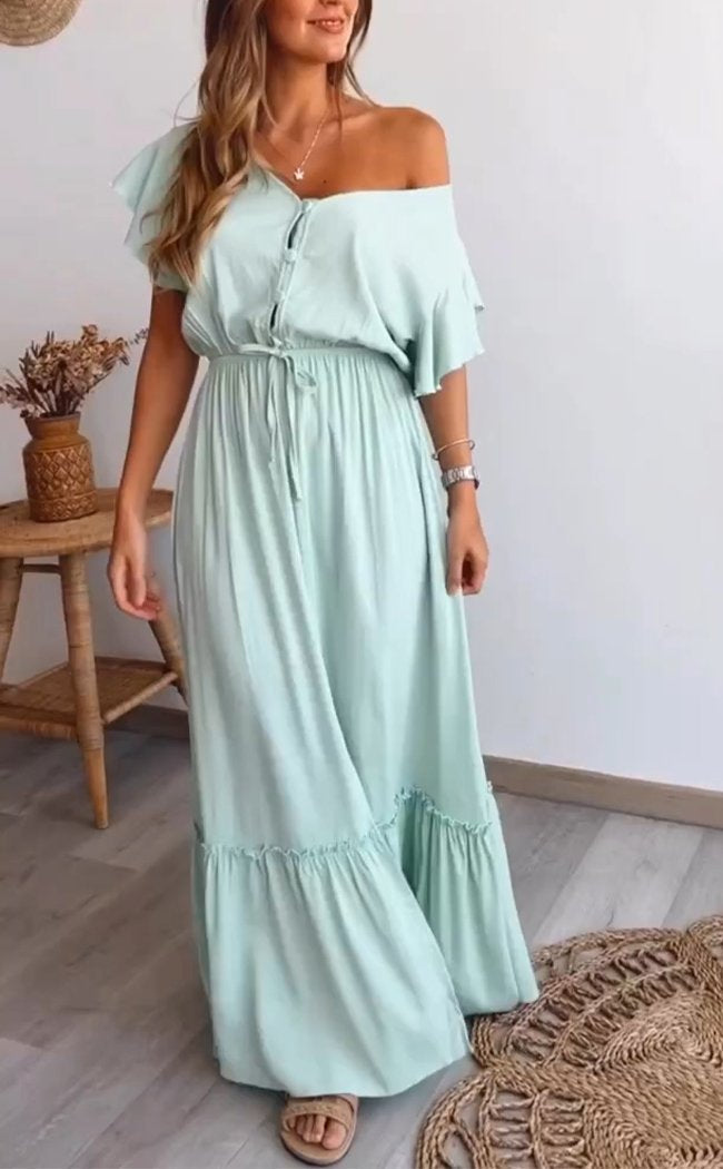 Casual V-neck Belted Dress Turquoise