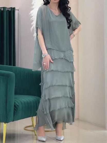 Women's Round Neck Solid Color Chiffon Dress