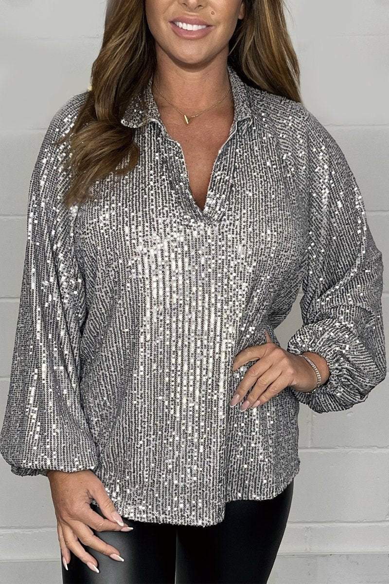 V-neck sequin top Gray