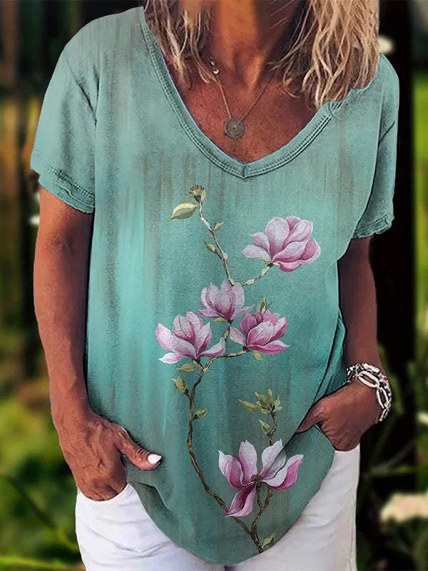 Casual V-neck Printed Short-sleeved Top green