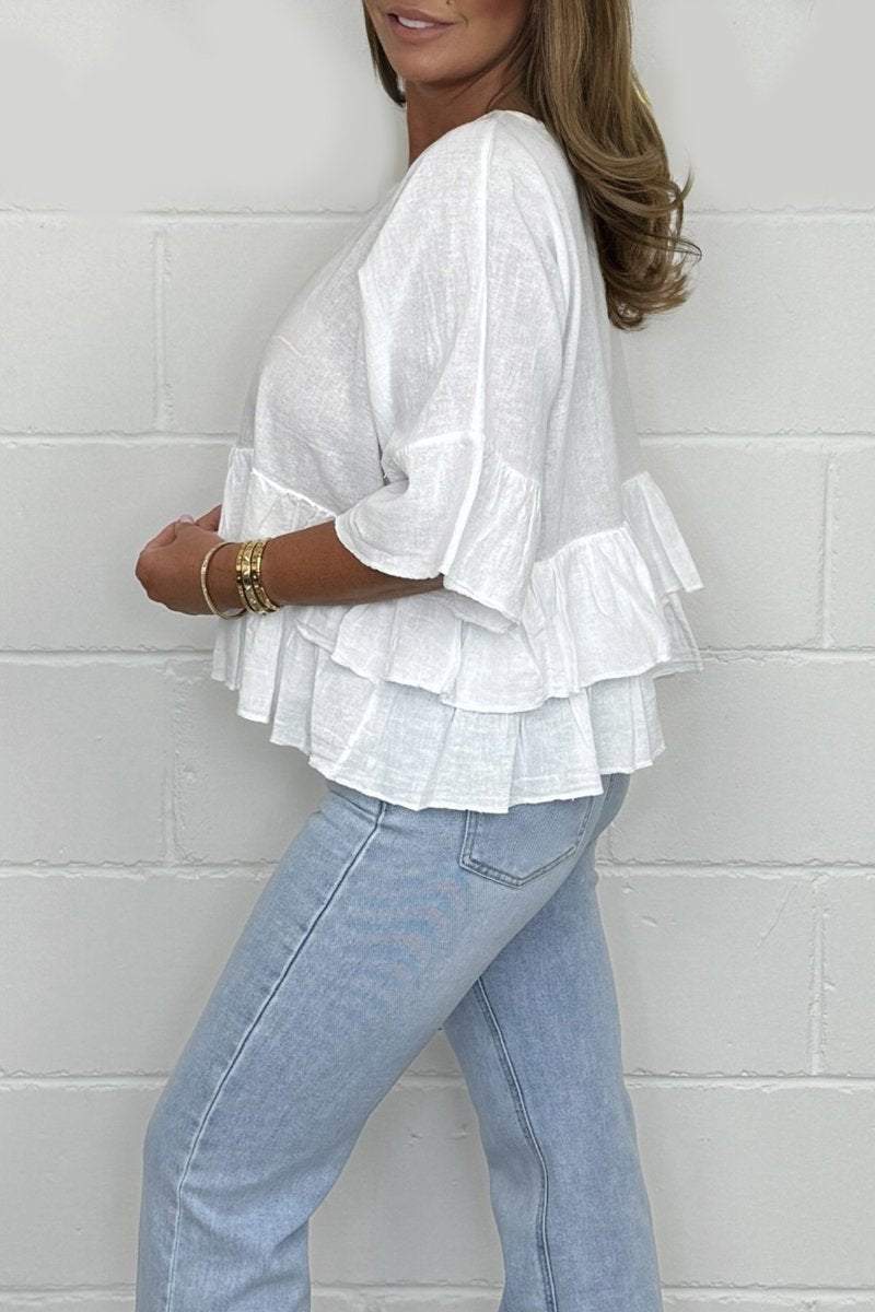 Women's Linen Mix Frill Bottom Top