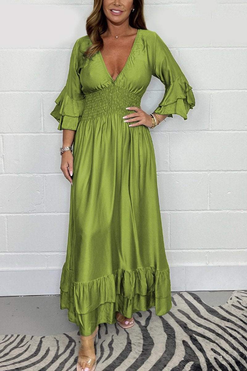 Satin ruffle maxi dress Green