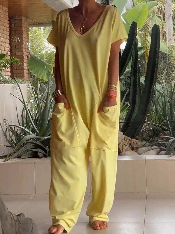 Casual V-neck Solid Color Jumpsuit yellow