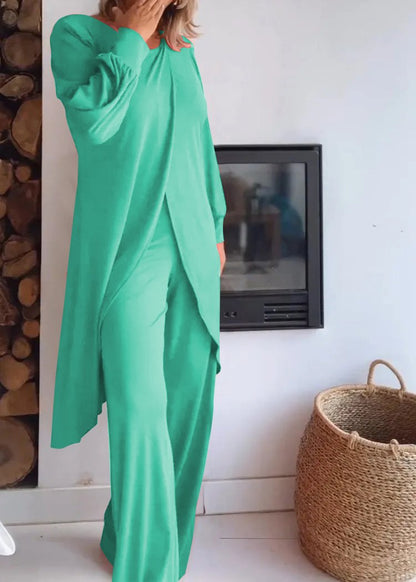 Round Neck Long Cardigan and Trousers Suit green