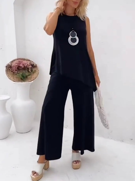 Women's Casual Solid Color Cotton Irregular Tops and Pants Set Black